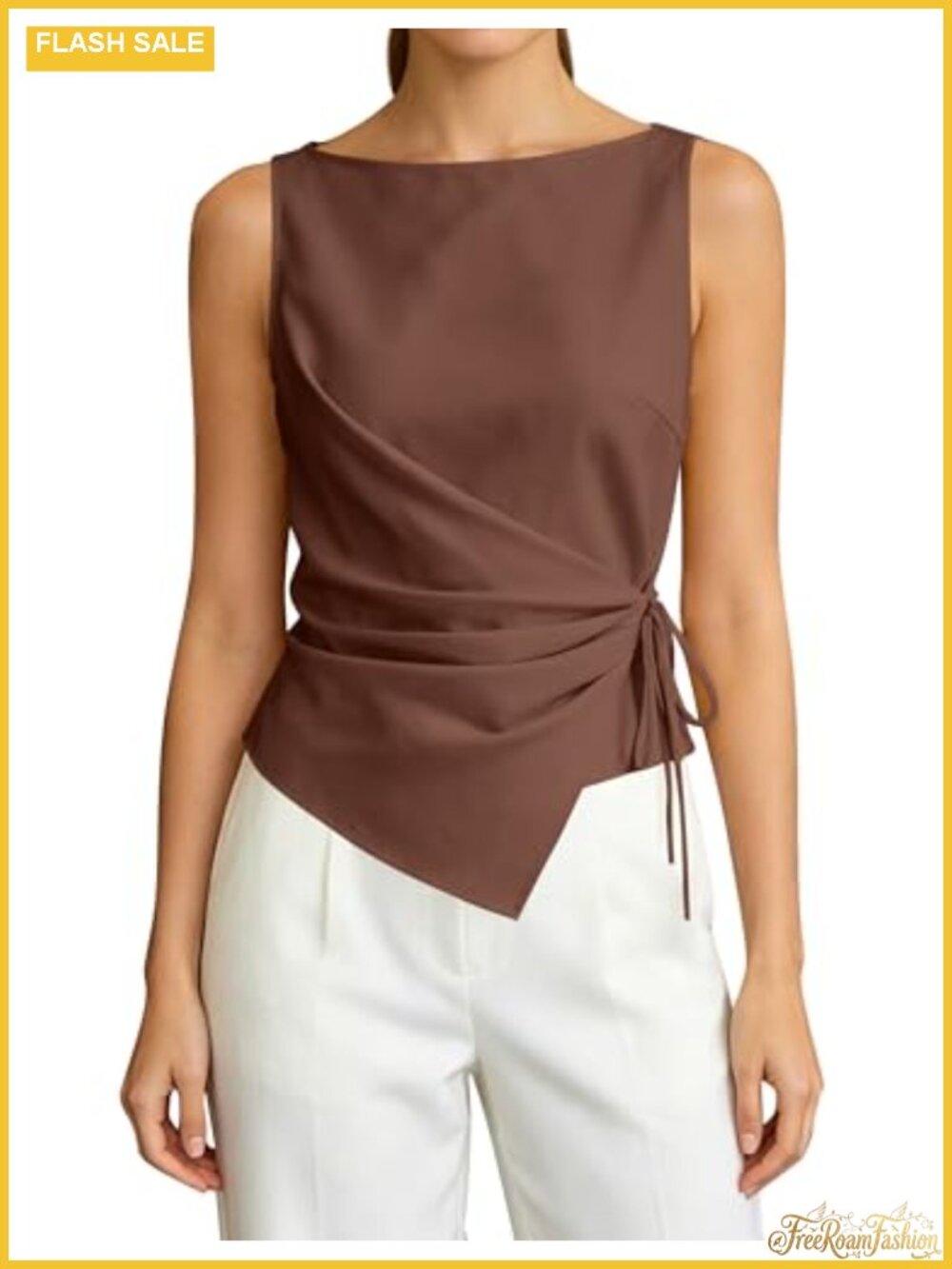 Women's Linen Tank Tops Elegant Tie Wrap Ruched Crewneck Sleeveless Summer